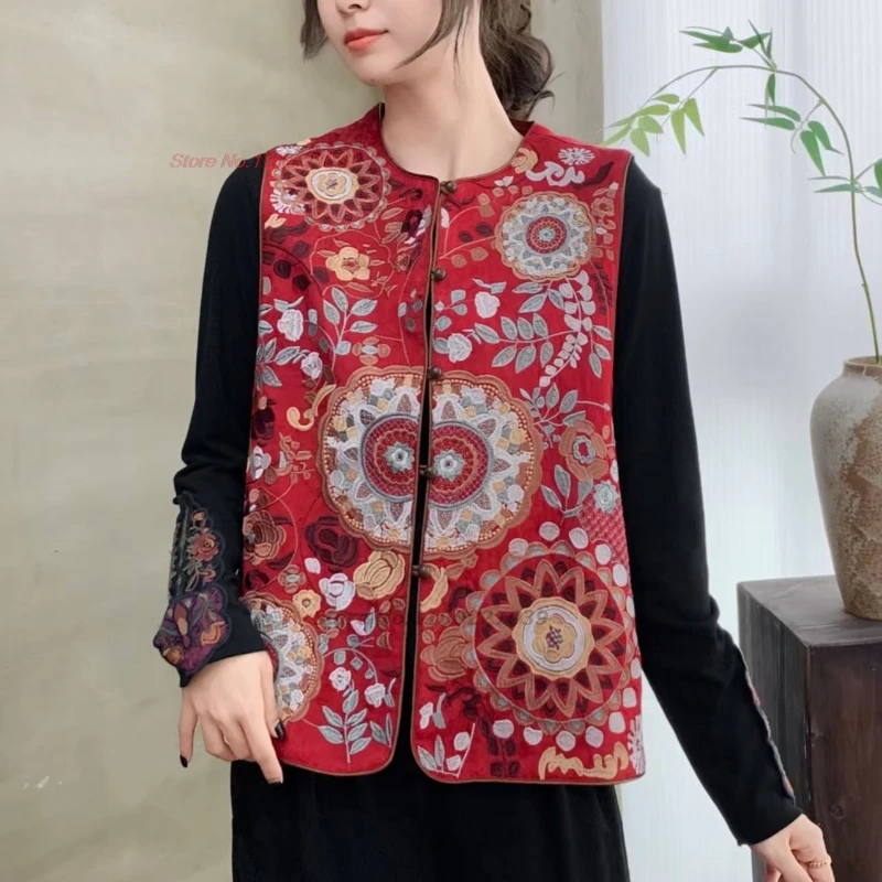 

2025 chinese vintage satin jacquard folk vest national flower embroidery o-neck vest retro hanfu tops oriental sleeveless jacket