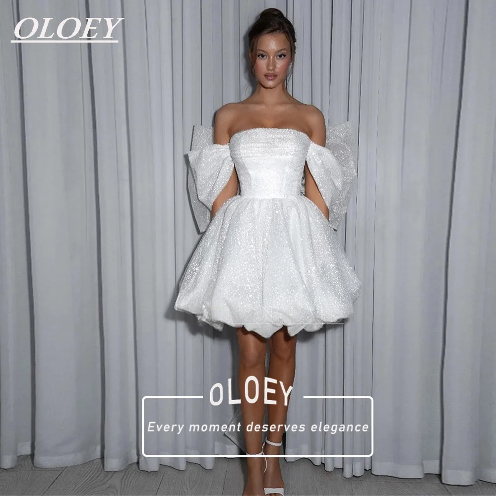 

OLOEY Glitter A-Line Mini Wedding Dresses Strapless Bow Back Short Bridal Gowns 2026 Customized Robe De Mariage