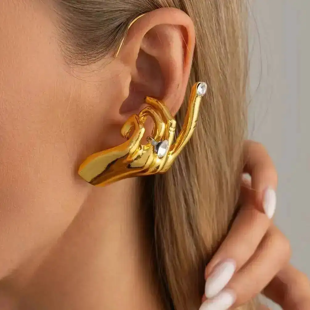KunJoe 1PC Novelty Design Metal Hand Left Earcuff Dangle Earrings For Women Fashion Show Statement Earrings Jewelry Accessories