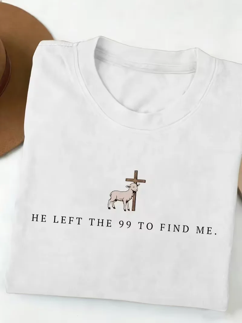 He Left The 99 To Rescue Me Religious T-Shirt, Christian Bible Verse Luke 15:4-7 Sheep Cross Graphic Tee, Short Sleeve Top Women