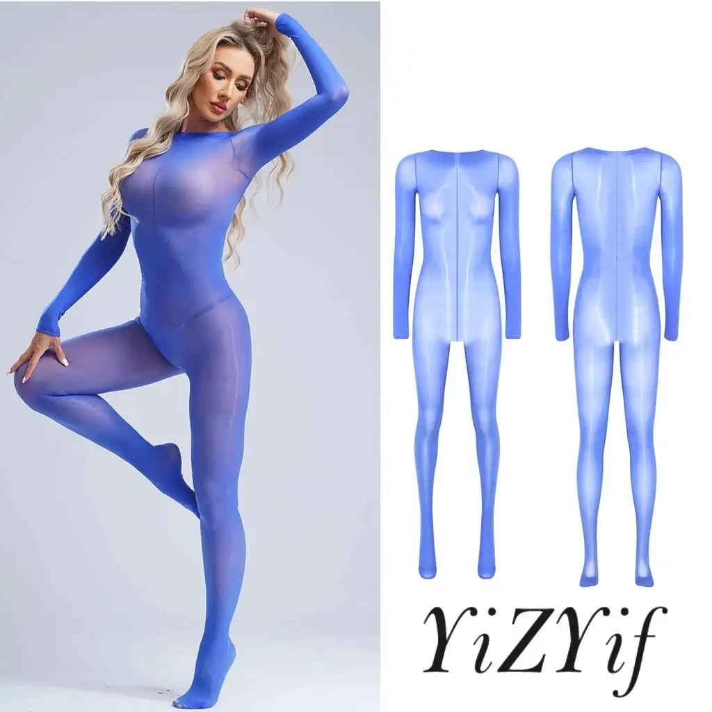 Women Stretchy Tights Bodystocking Long Sleeve Footed Jumpsuit See-through One Piece Catsuit for Nightclub Pole Dance Show