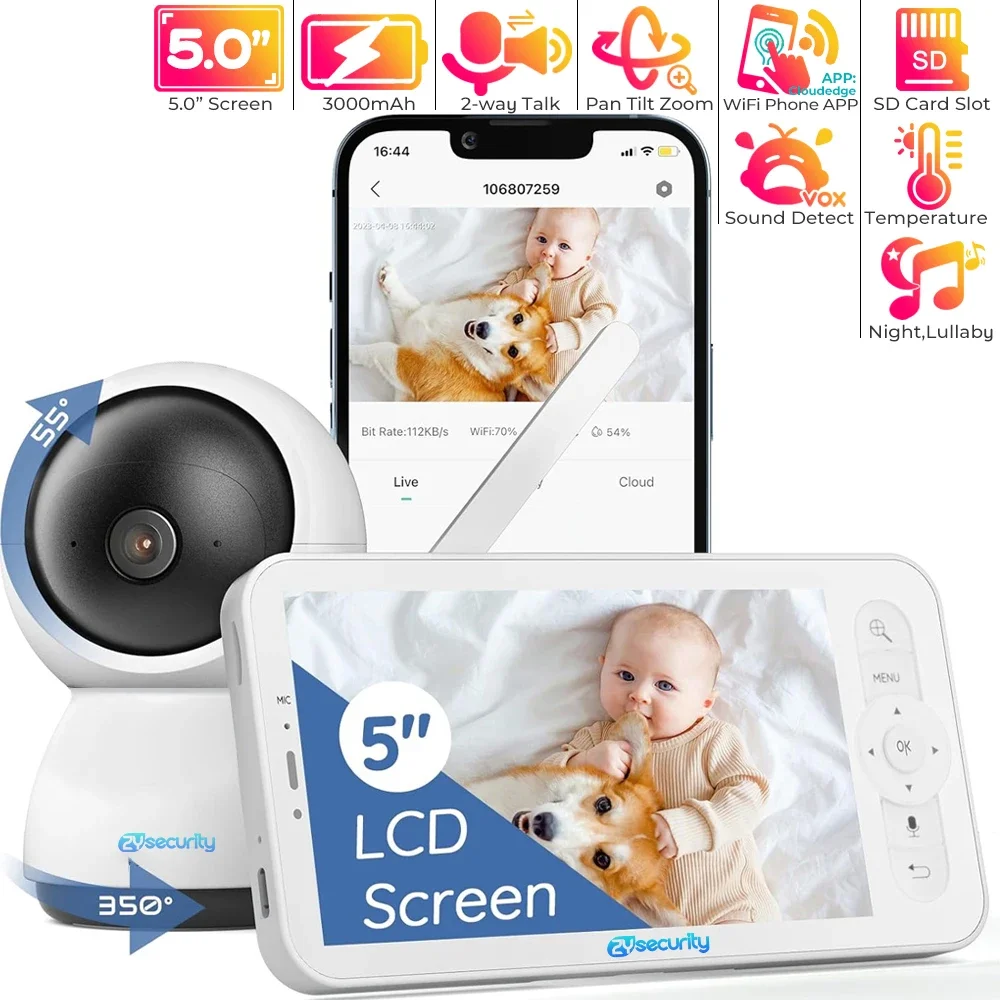 5 Inch WiFi Baby Monitor with Phone App Baby Phone No WiFi 1080P PTZ Baby Camera HD Night Vision Two-way Intercom Nanny Cameras