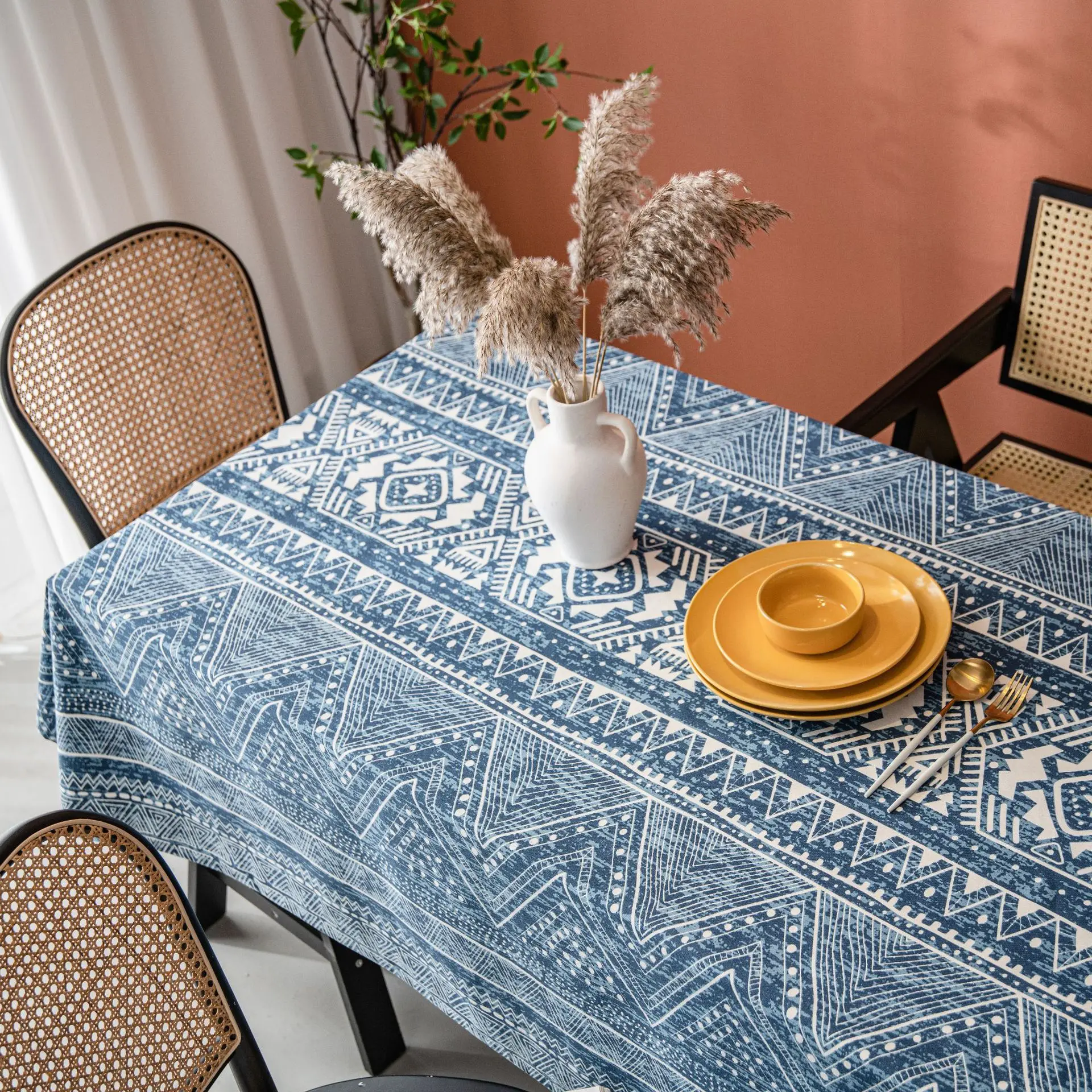 Home European tablecloth Blue geometric triangle print blog cotton linen rectangular table cloth end table cover