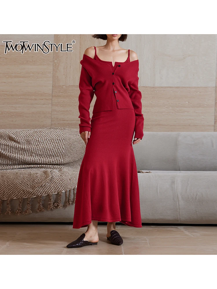 TWOTWINSTYLE Solid Knitting Two Piece SetS For Women  V Neck Long Sleeve Spliced Button Tops High Waist Midi Skirt Dress Female