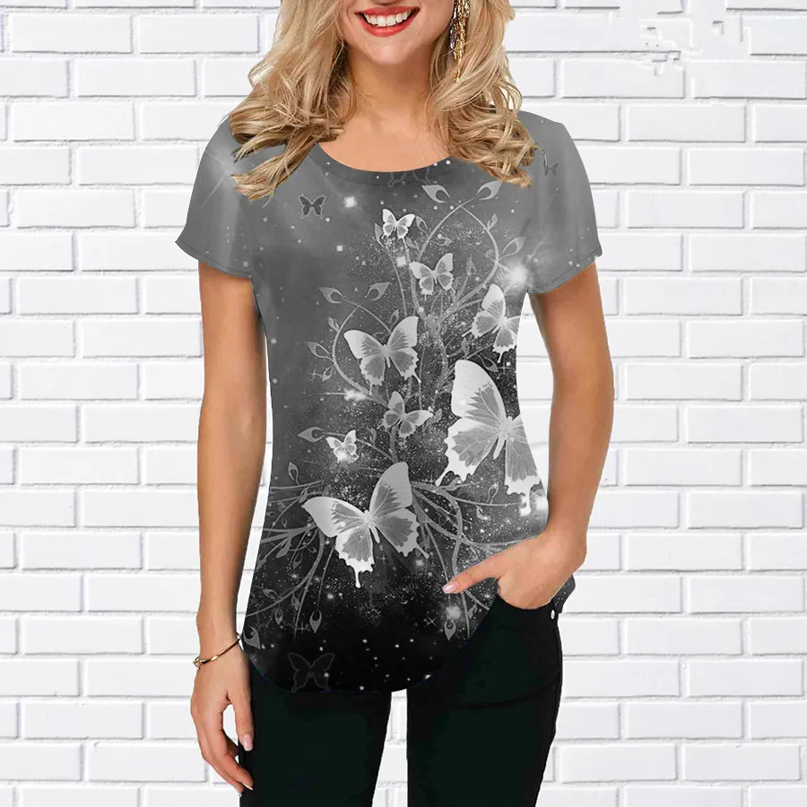 فراشة نمط موضة النساء تي شيرت الصيف قصيرة الأكمام ثلاثية الأبعاد مطبوعة الشارع الهيب هوب السيدات تي شيرت 3XL حجم كبير بلايز عادية