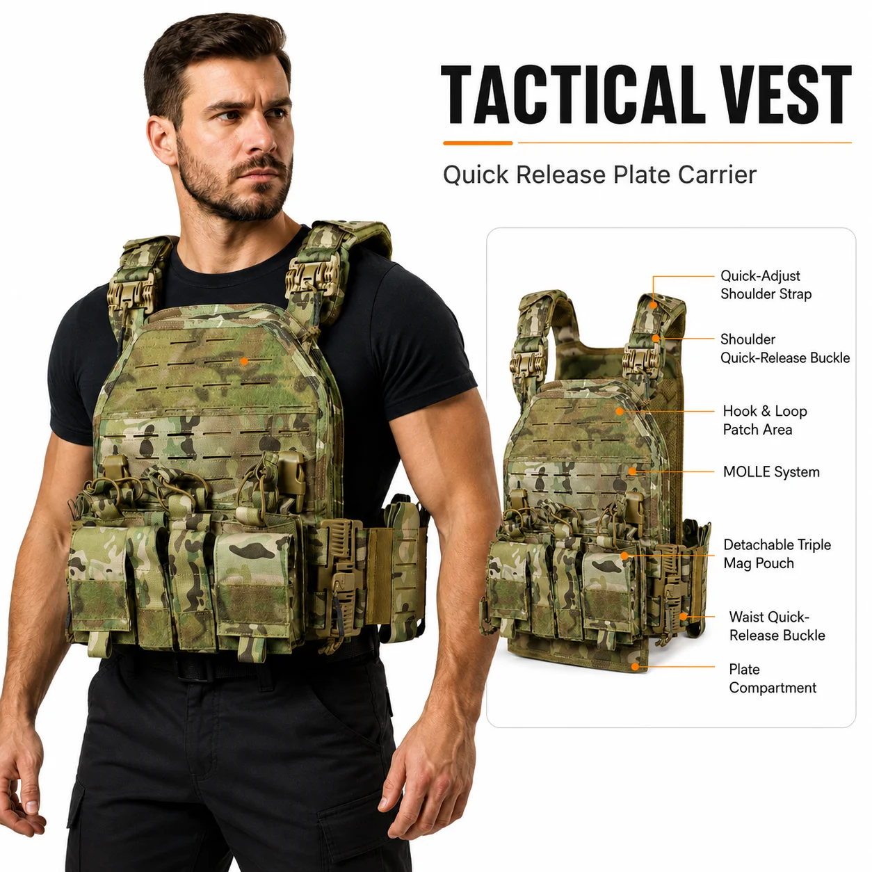 ARTEX 6094 Tactical Plate Carrier Vest Quick Release Lightweight Laser Cut MOLLE Airsoft Paintball Combat Gear Black
