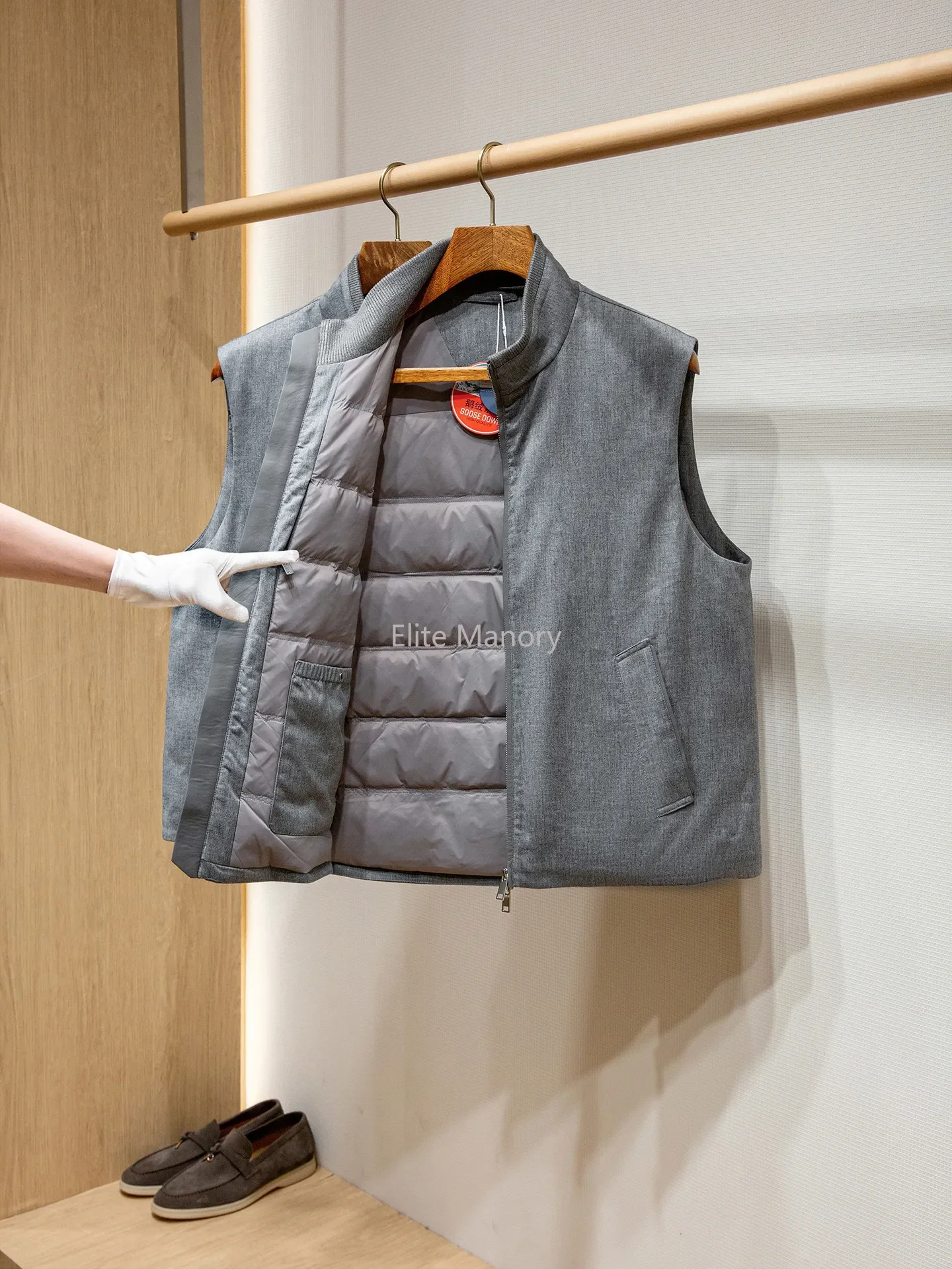 Customized twist color wool blend, old money style men's stand-up collar down vest vest