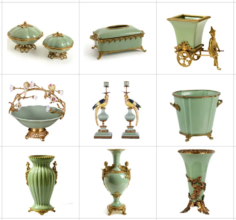 European green ice crack ceramic with copper vase tissue box French court living room entrance fireplace high-end ornament