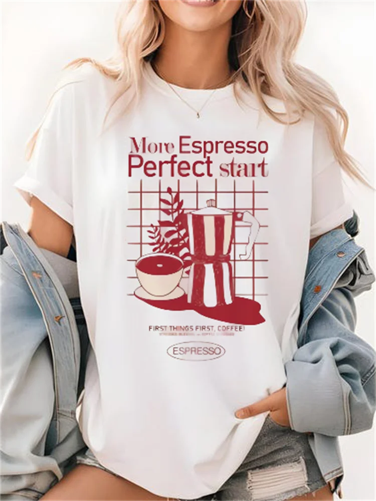 Short Sleeved T-Shirt Cute More Espresso Perfect Start Pattern Printed Casual Street Vacation Fashion Printed Women's Travel Top