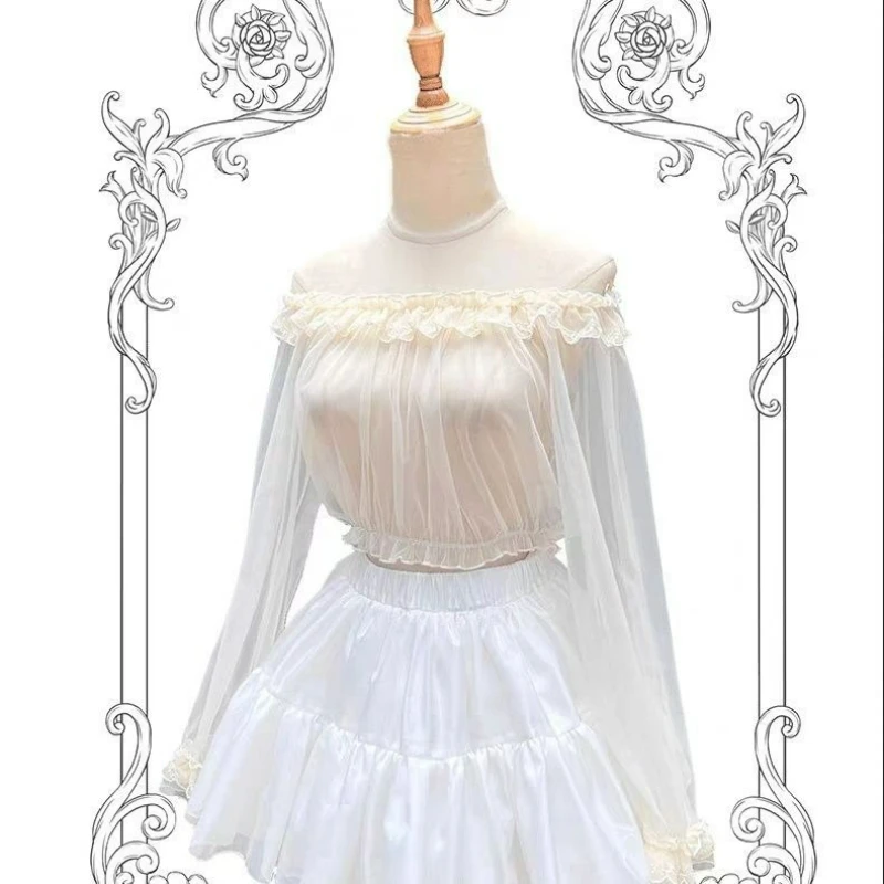 بلوزات نسائية يابانية على الطراز الفيكتوري مكشكشة من الدانتيل كاواي لوليتا نمط رقبة دائرية نحيفة داخل القمم صيفية لطيفة شفافة من خلال القمصان