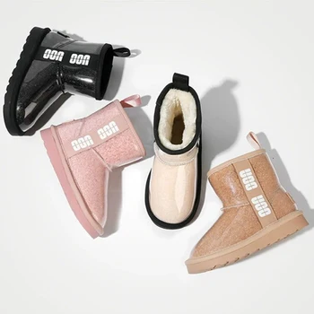 Zimowe dziecięce buty śniegowe Dziewczęta Moda Przezroczyste PU Skórzane krótkie buty Dzieci Ciepłe bawełniane buty z grubym futrem Ciepłe -15 ℃