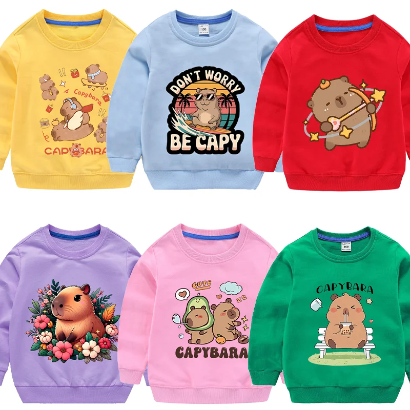 Capybaras 다채로운 운동복 코튼 후드 티 풀오버 긴 소매 만화 그림 티셔츠 어린이 내구성이 퇴색하지 않음 귀여운 옷