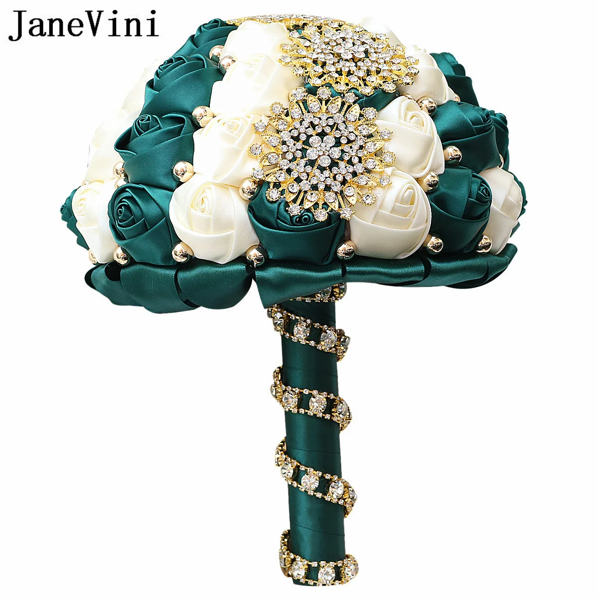 JaneVini Luxus Gold Kristall Braut Bouquet Blume Hochzeit Sage Grün Satin Funkelnden Strass Braut Hand Hochzeit Bouquet Neue