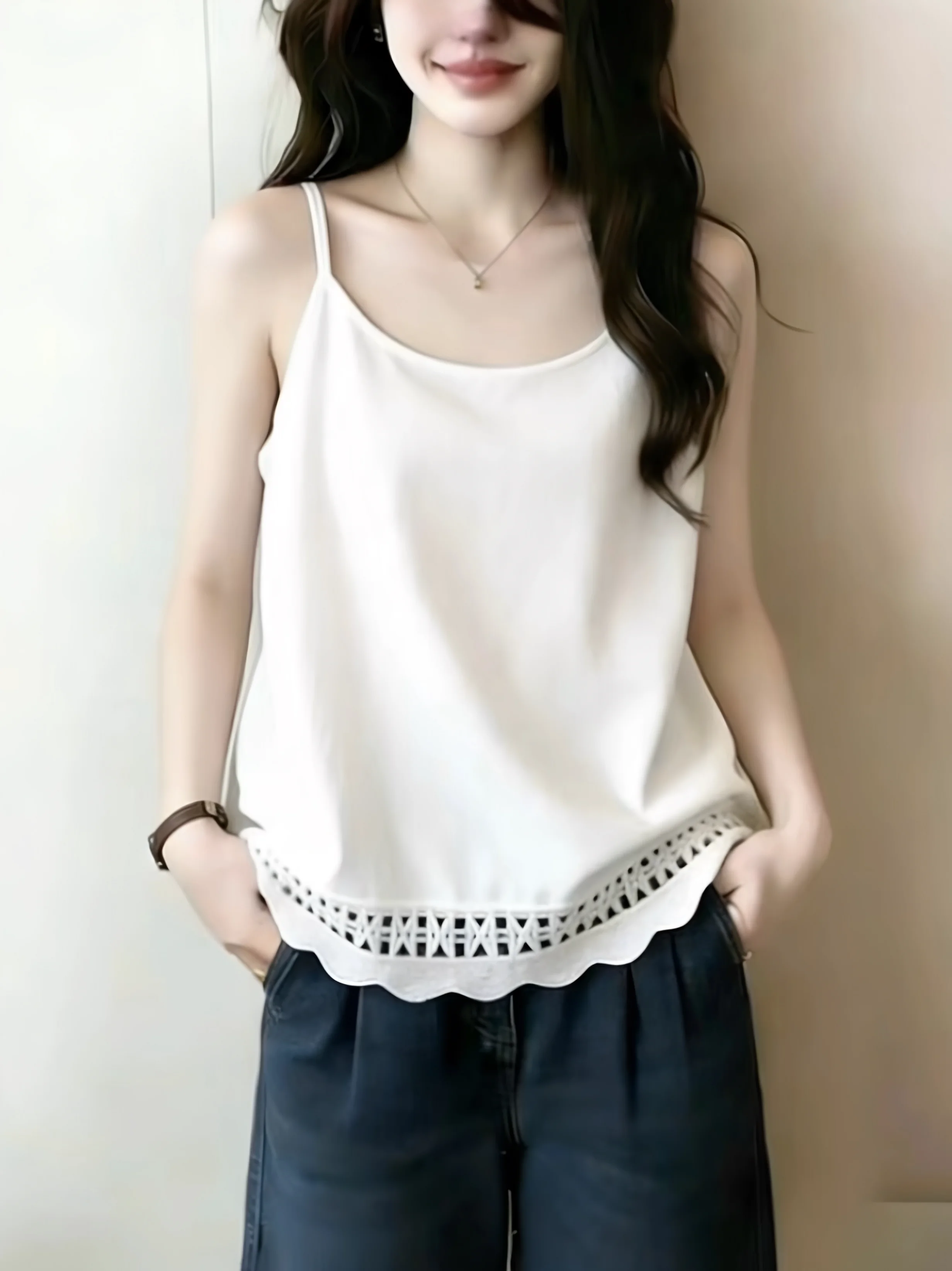 Summer Lace Strap Vest Women's Loose Sleeveless Top Cotton 95% Elastic Fiber 5% Simple Style Casual Wear Inner Match Bottoming