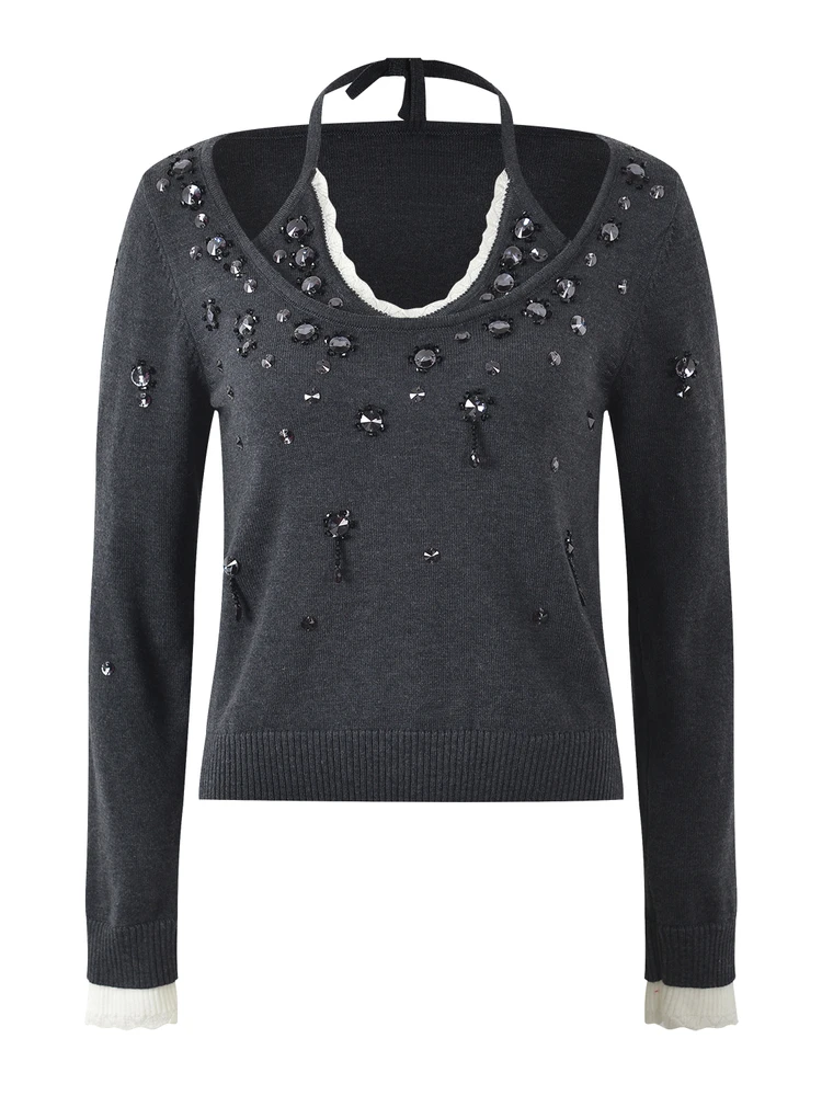 High-End European Gray System Knitted Short Cardigan Design Sensation Fake Two-Piece Grey Beaded Long Sleeve round Neck Top view 5