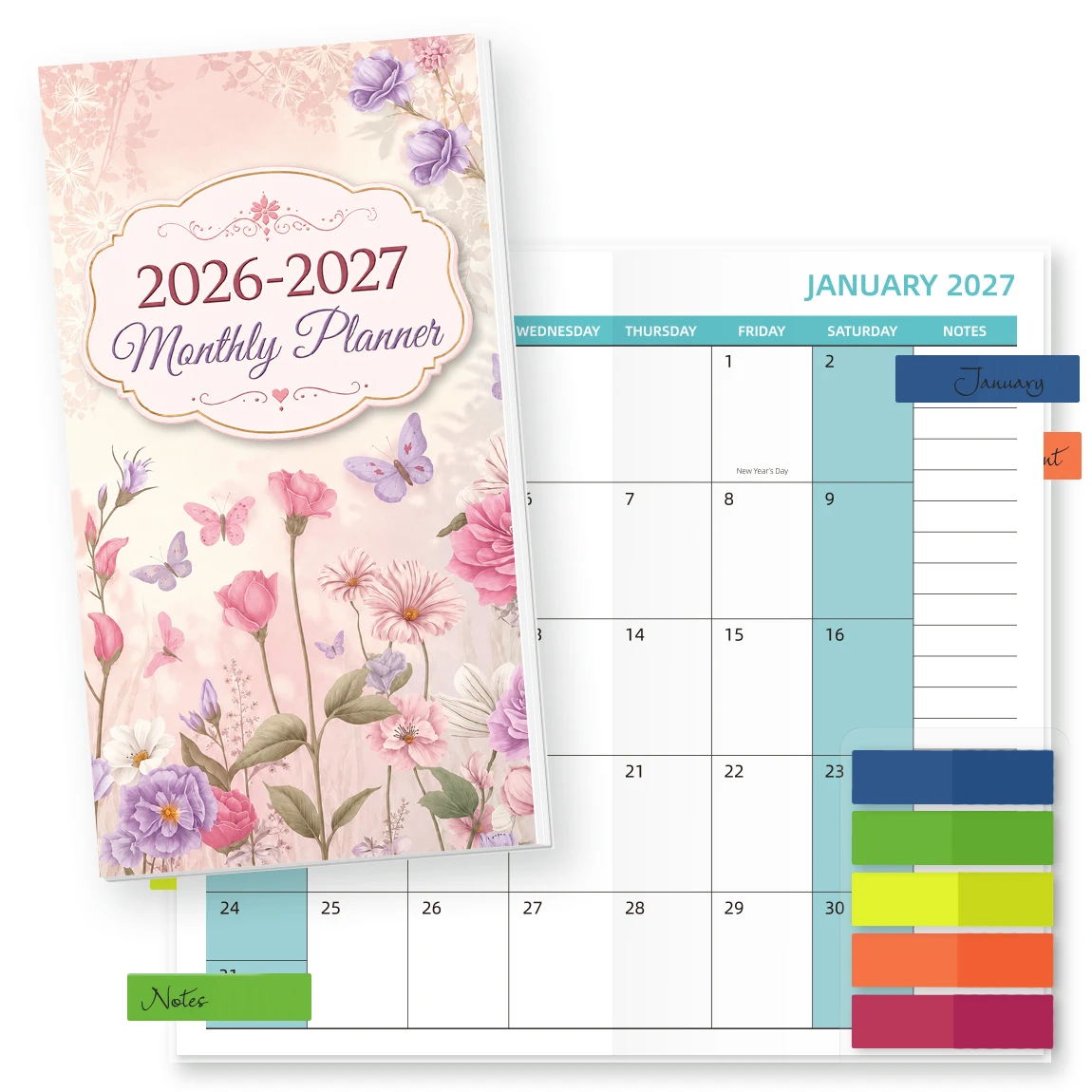 1PC A6 Monthly Planner, Pink Purple Floral, with Stickers or Colorful Index Tabs, Compact Organizer for Office, Study & Travel