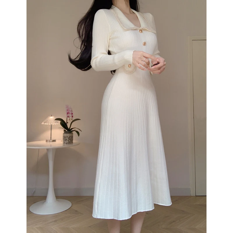 4 Colours Long Knit Dress Elegant Women 2023 Korean Chic Lapel Long-sleeved Black Dress Fall Winter Pretty OL Temperament Dress