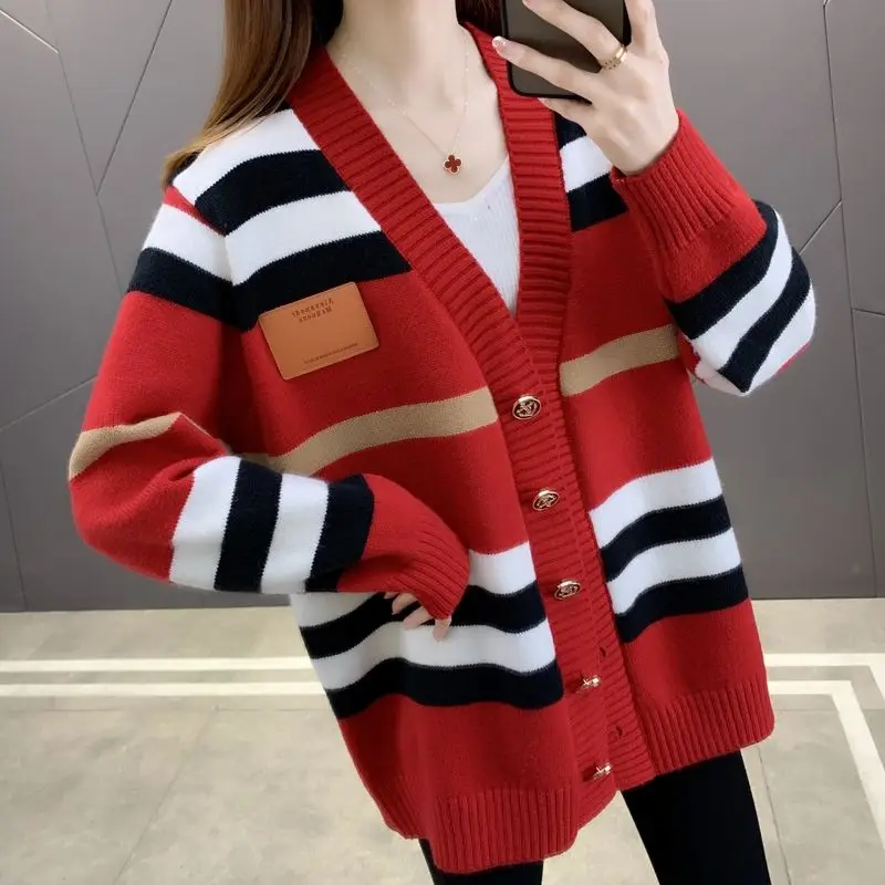 Striped Knitted Cardigan Jacket for Women\'s Spring and Autumn New Vintage Loose and Gentle Sweater Korean Version Lazy Style Jac