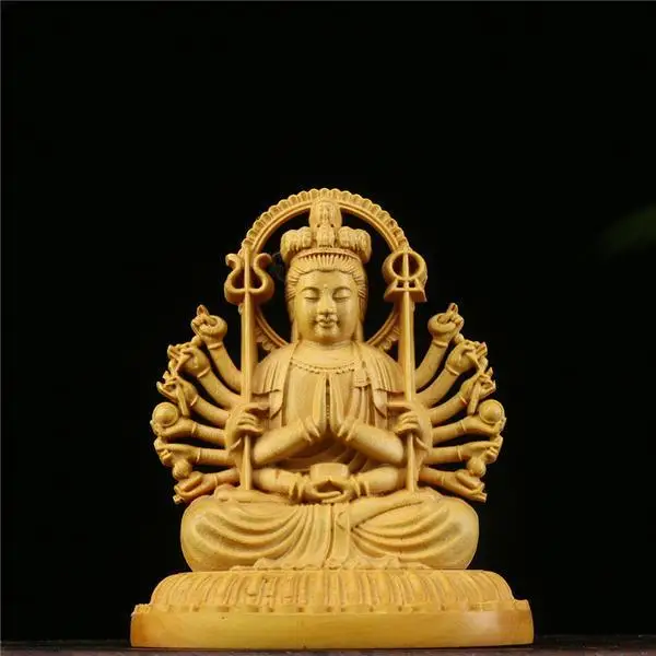 Boxwood Carving Home Immovable Mingwang Temple Decoration Car with Thousand Hands Guanyin Buddha Statues Eight Patron Gods