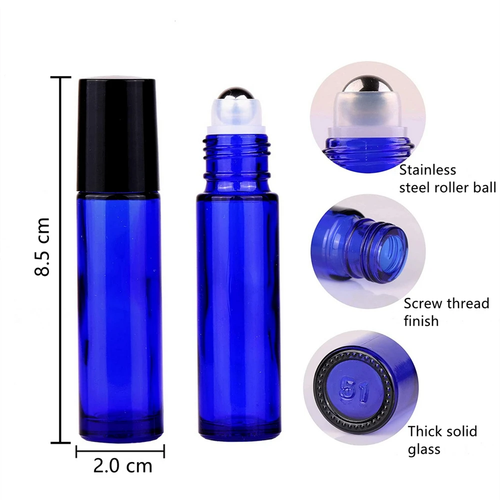 24pcs 10ml Glass Roller Bottles Empty Cobalt Blue with Stainless Steel Metal Roll On Ball for Essential Oils Lip Gloss Perfume