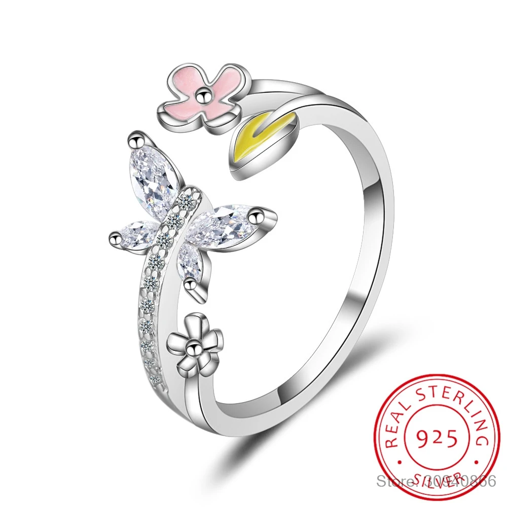 

925 Sterling Silver Colorful Enamel Flower Leaf Opening Ring Gemstone Butterfly Adjustable Ring for Women Fine Jewelry Anillos