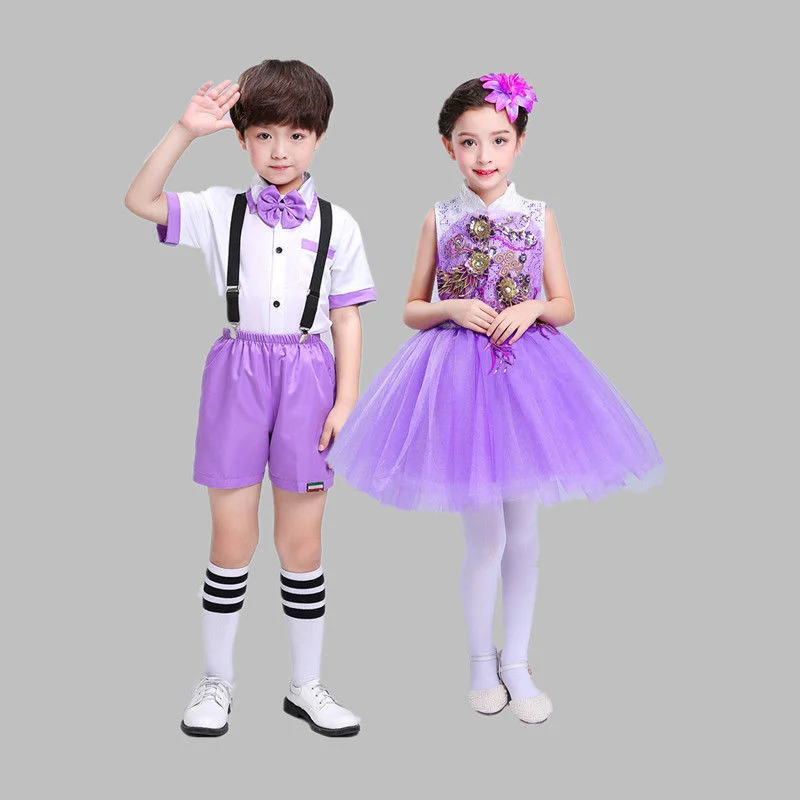 Children\'s performance clothing purple sequin fluffy gauze skirt kindergarten boys girls\' choir cheerleading dance costumes