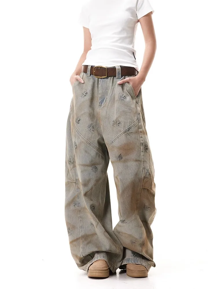 Retro American Heavy Duty Dirt Washed Baggy Jeans Men's Loose Wide Leg Bend Knife Pants Wear Resistant Straight Tube Jeans