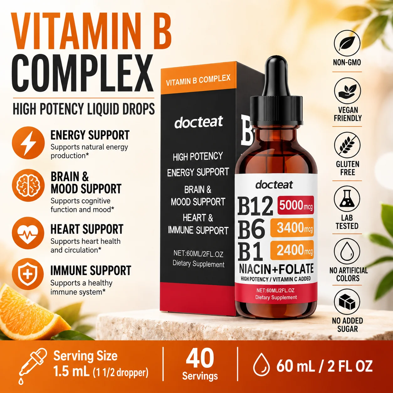 Gotas Docteat Energy & Focus B-Complex – Vitaminas B Líquidas de Alta Potencia (B1, B6, B12, Folato) para el Apoyo Cerebral, Cardíaco e Inmunológico