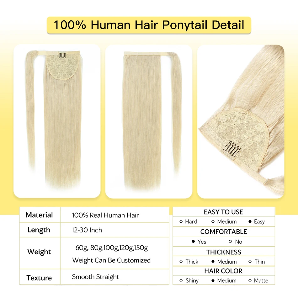 Yelo Ponytail Hair Extensions Natural Real Pony Tail Human Hair Extension Remy Silky Straight Platinum Blonde 60 Ponytail Hair