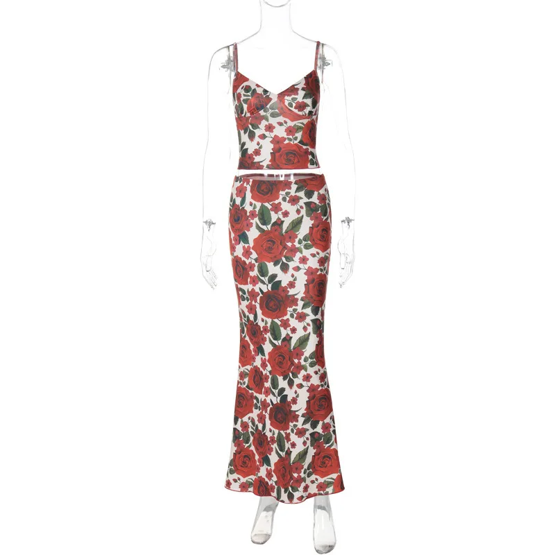 2023 sommer Neue Modische Blumen Druck V-ausschnitt Kleine Hosenträger Tasche Gesäß Eng Anliegende Lange Rock Set für Frauen