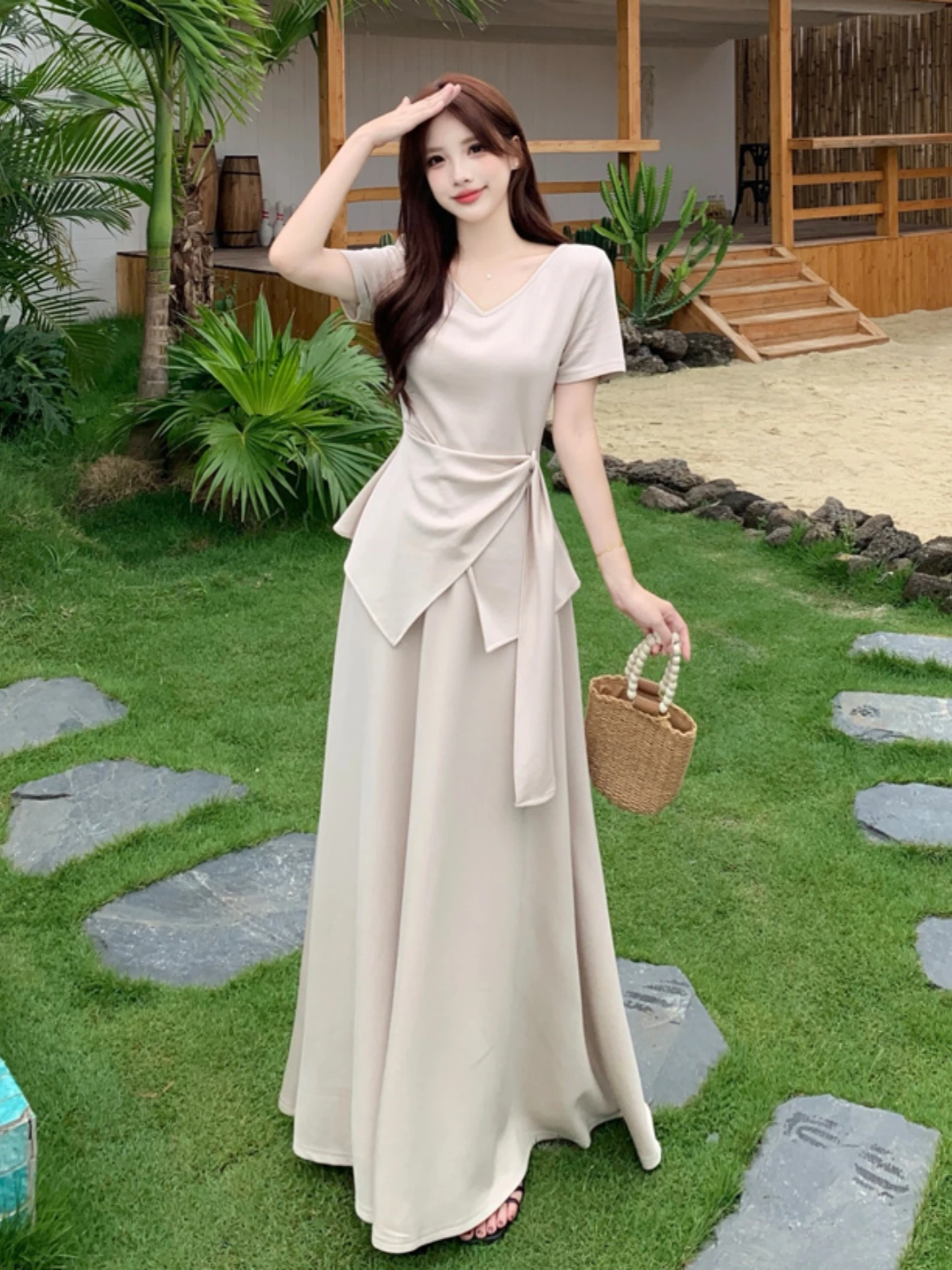 

Summer Outfit plus Size Women's Clothing Set Uneven Belted Waist Top Half-length Skirt Two-piece Set for Plump Mm Commute