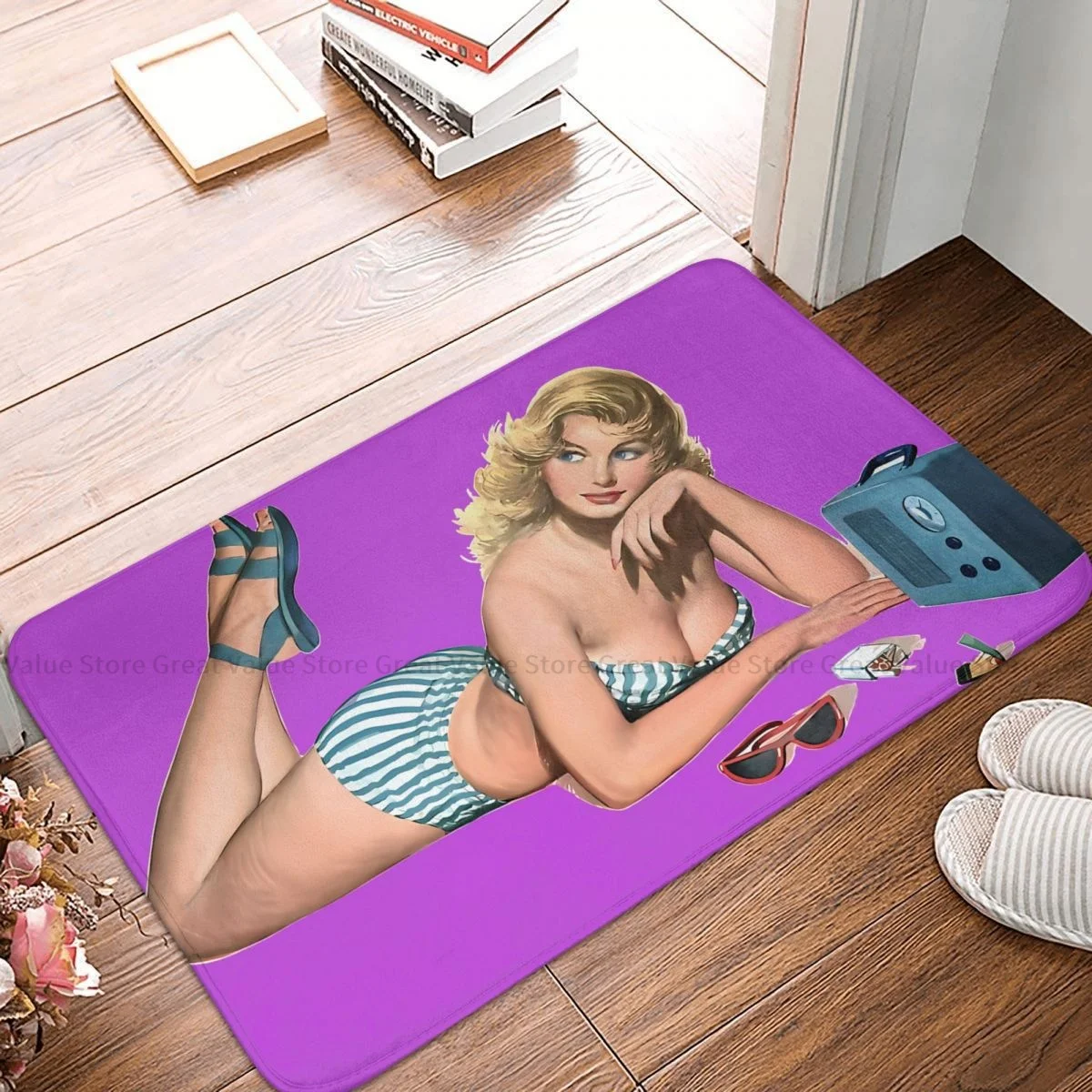 Pin Up Girl Bedroom Mat Laying Down Listening To Music Doormat Kitchen Carpet Entrance Door Rug Home Decoration