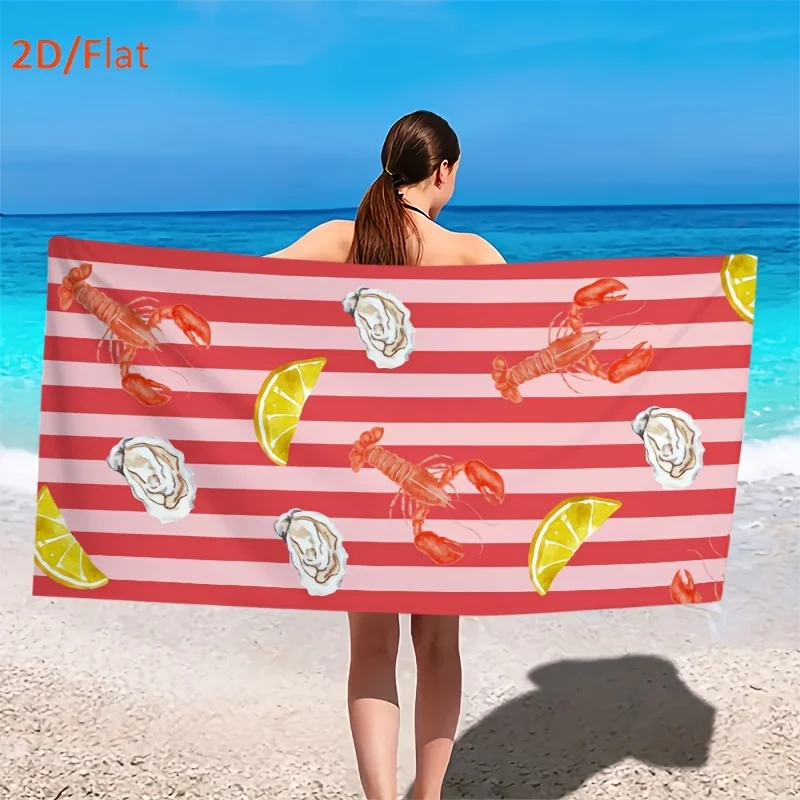 Seafood Beach Towel, Lobster Oyster Lemon Print Oversized Bath Towel, Soft Quick Dry Summer Beach Blanket 1pcs