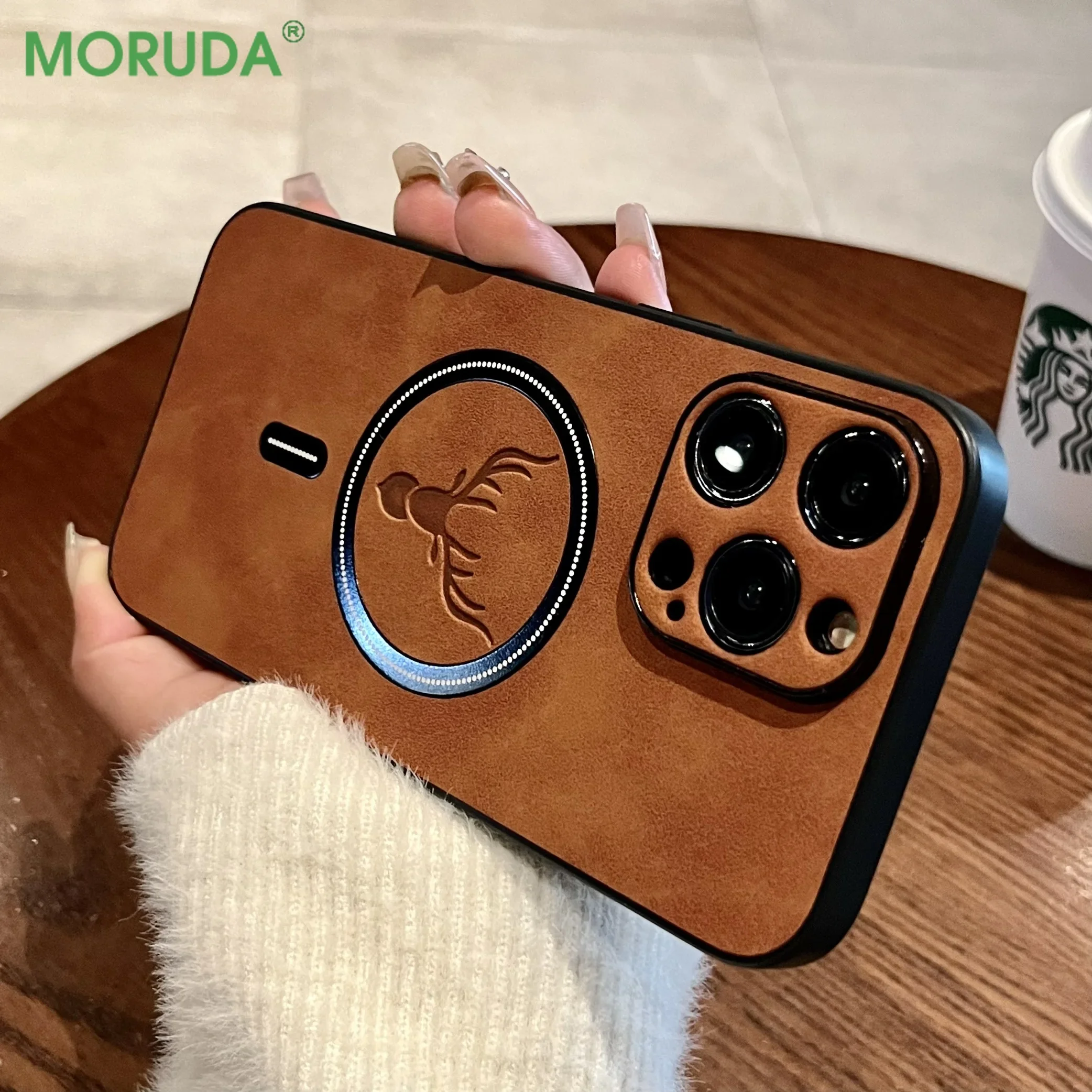 Business Leather Deer Case for iPhone 14 15 16 Plus 11 12 13 Pro Max Magnetic Cover for 15ProMax 16Pro Magsafe Wireless Charging