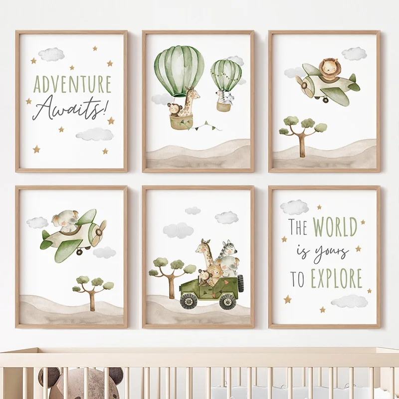 Hot air balloon pilot Animals Poster Canvas Painting Elephant Lion Giraffe Monkey Wall Art Mural Print Baby Kids Room Home De