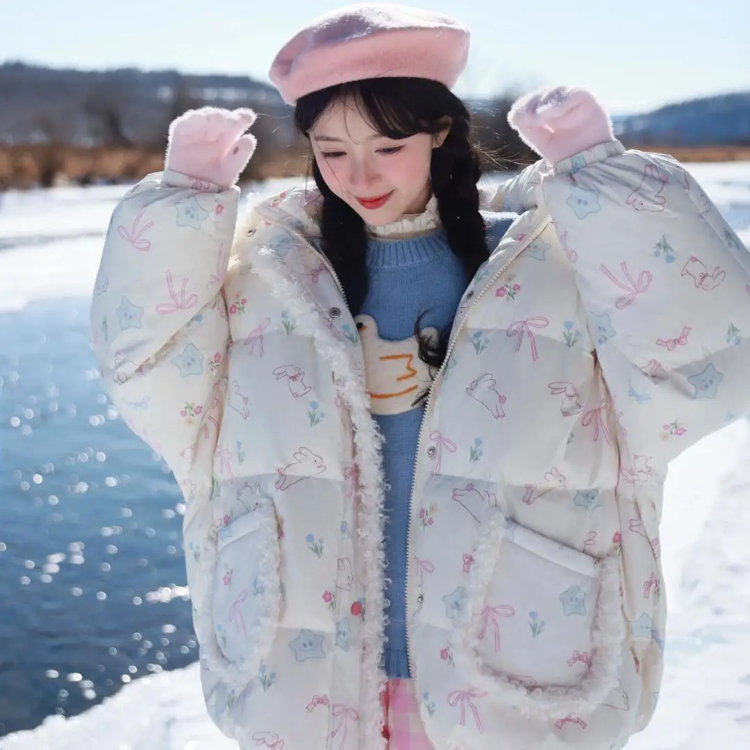 Kawaii Y2K طويلة الأكمام مقنعين سترات فو الفراء طوق معطف الكرتون طباعة المرأة عادية لطيف الحلو البلوز فتاة ملابس خارجية