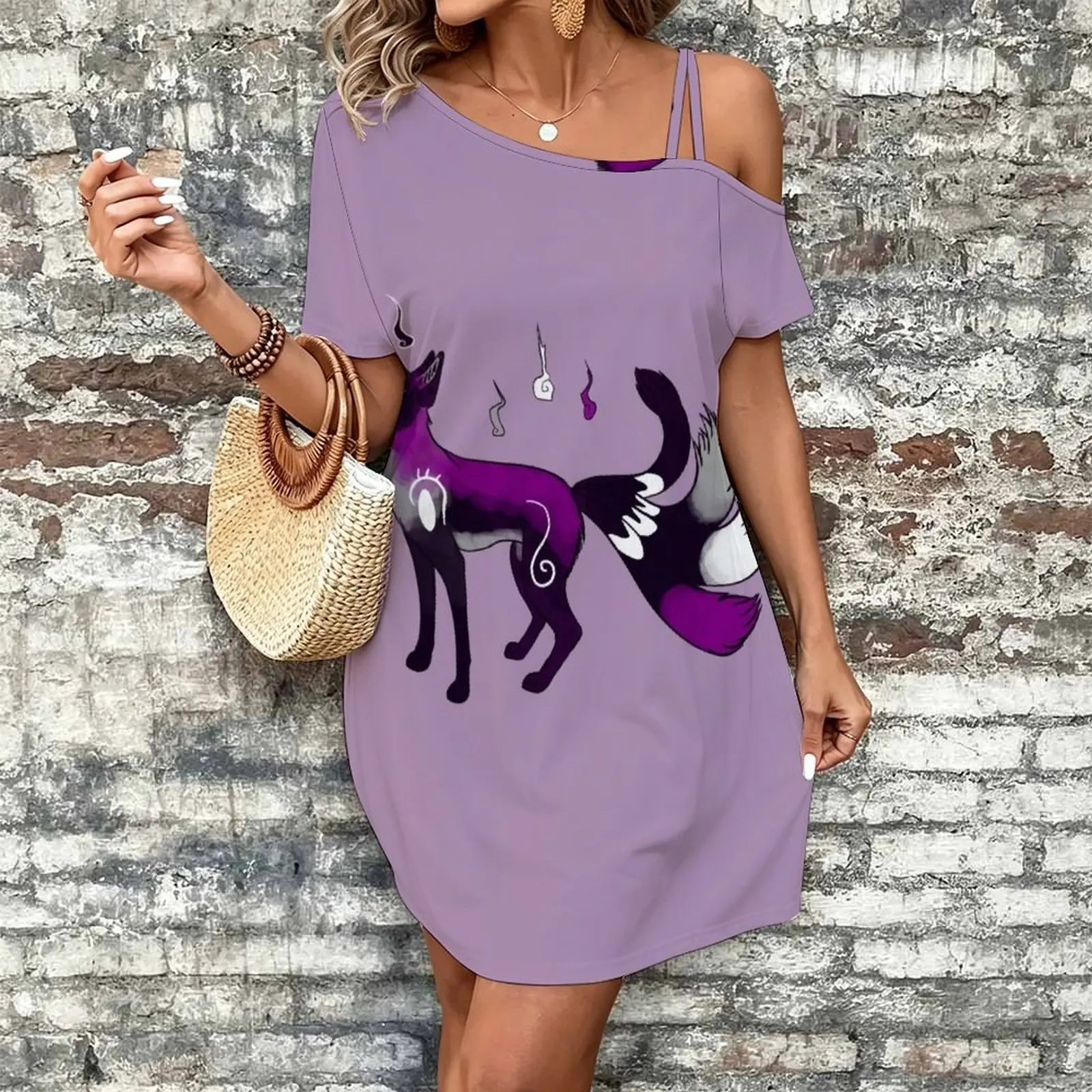 Ace Pride Kitsune Fox Women's Slanted Shoulder Single Strap Short-Sleeved Dress