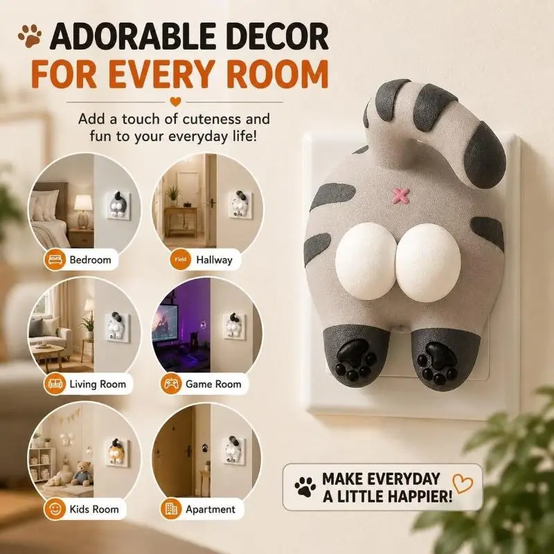 Cute Cartoon 3D Orange Cat Switch Panel Sticker Scratch Resistant Cover 1Pcs for Bathroom Home Decor