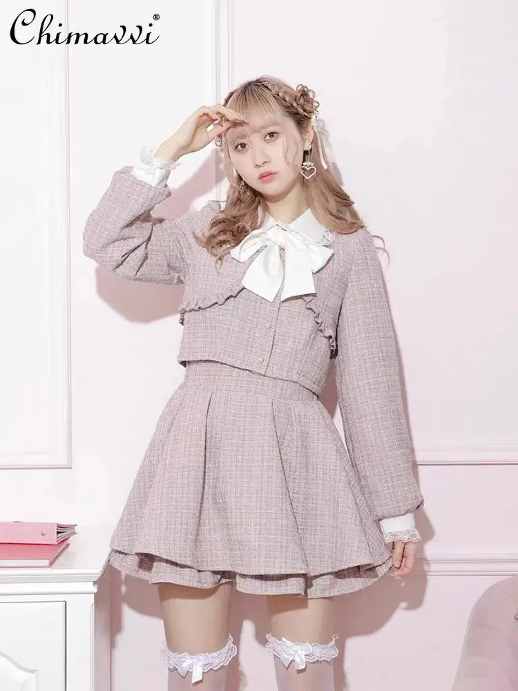 

Japanese Sweet Bow Outfits Autumn New Long Lantern Sleeve Lace Stitching Tweed Coat Ladies Pleat Short Skirt Set for Women