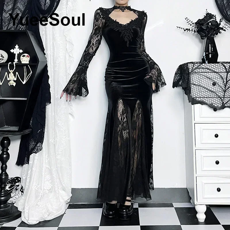 Halloween Gothic Women Dress Long Sleeve High Waist Dresses 2024 New Goth Aesthetic 90s Egirl Sexy Slim Party Club Dress