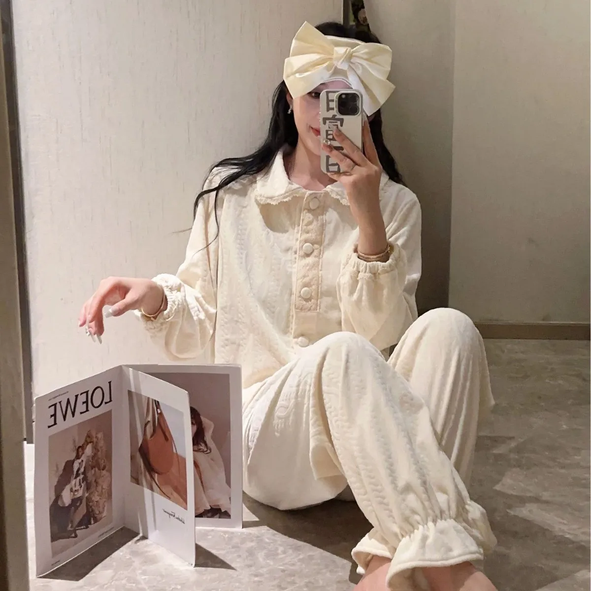 Autumn Winter New Pajamas Suit Warm Soft Island Velvet 2PCS Trousers Set Lady Long Sleeve Home Clothes Sweet Nightwear Top&pants