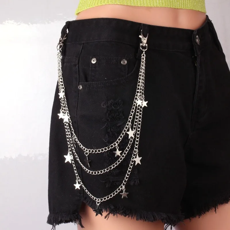 Men Women Punk Multi-layer Star Pants Chain, Silver Gold Hip Hop Waist Chain for Jeans Streetwear Party