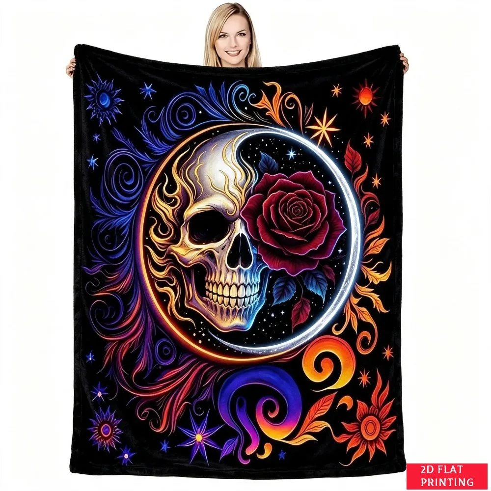 Black Background Skull Rose Moon Gothic Flannel Blanket For Edgy Bedroom Decor Soft Warm Throw Blanket Wrap