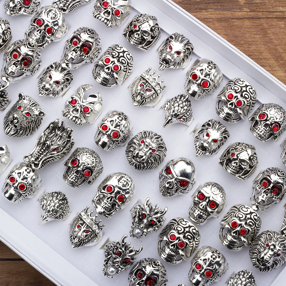 20 Pcs/Lot Punk Crystal Eyes Animal Skull Rings for Men and Women Dragon Lion Wolf Head Finger Bands Retro Tough Guy Rock Charm