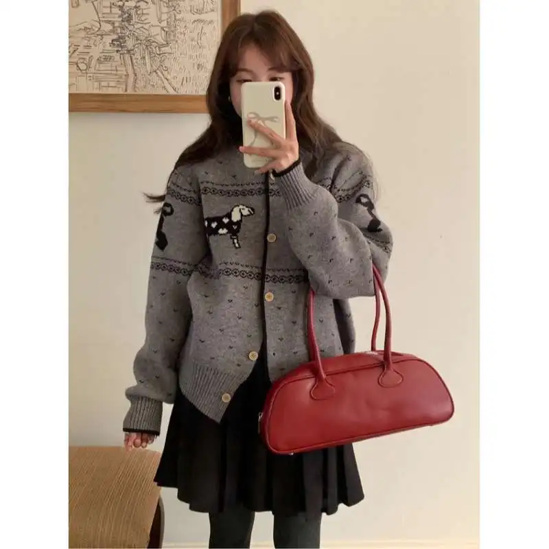 

Dashu Dog Soft Glutinous Sweater Jacket for Women in Winter Thick Korean Loose Single-breasted Knitted Cardigan
