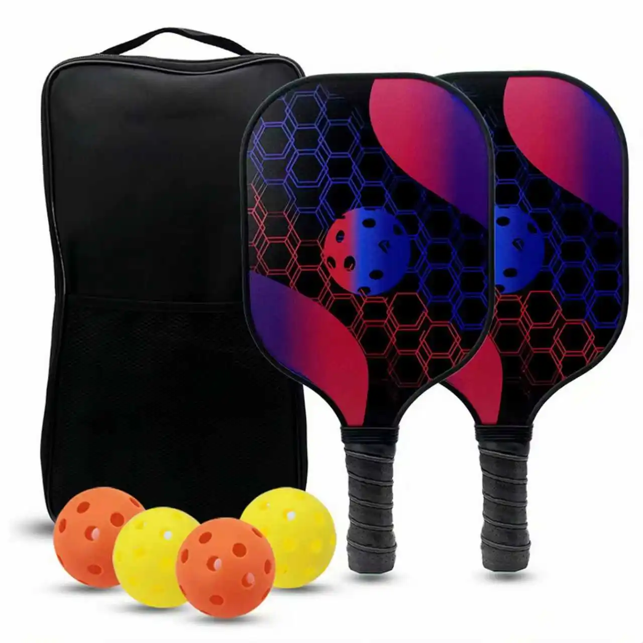 

1 Set (2 Rackets + 4 Balls + 1 Storage Bag) Pickleball Racket Set Fiberglass Honeycomb Core Pattern Carbon Fiber Professional Training Pickleball Racket Set
