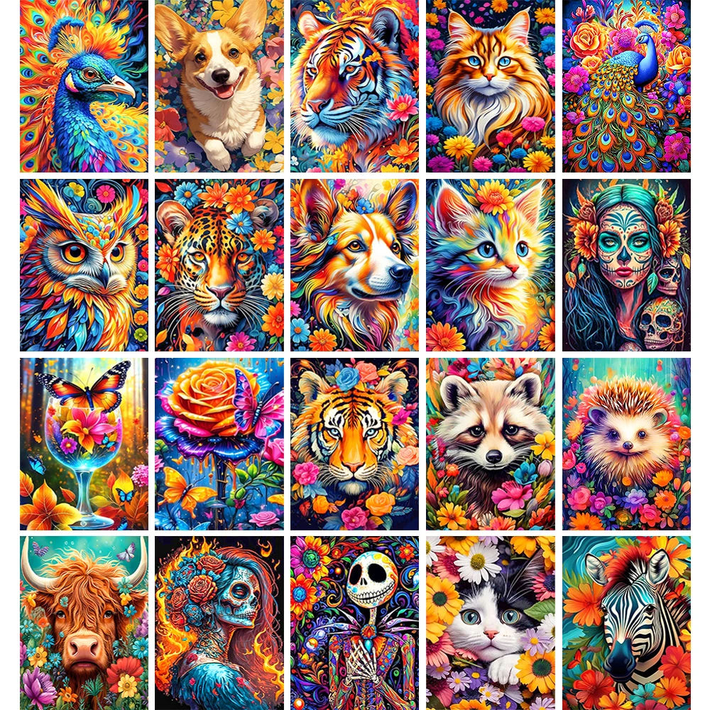 Алмазная 5D живопись «сделай сам», Набор для вышивки крестиком с цветами и животными, мозаика из страз с мультяшными кошками, собаками, тиграми, искусство, домашний декор