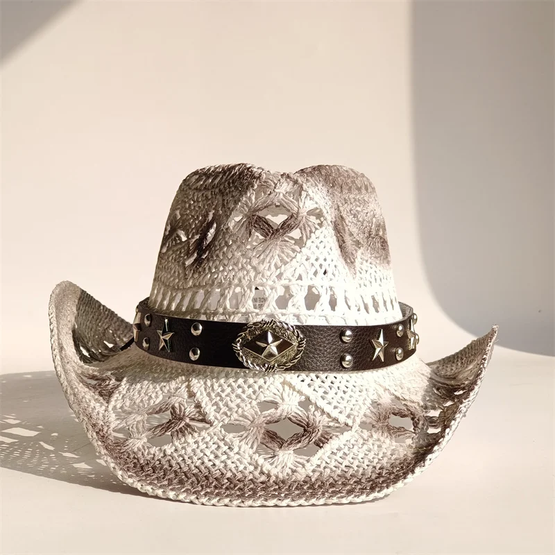 Vintage Summer Beach Bohemian Straw Hat Shell Women Men Western Cowboy Hats Wooden Beads Hollow Out Sun Hat Holiday Cap