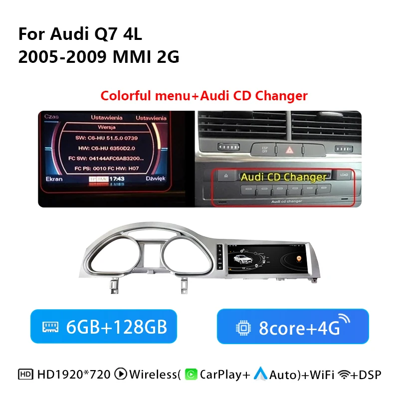 10,25 inch draadloze Carplay Android 14 autoradio voor Audi Q7 4L 2005-2015 multimediasysteem GPS navigatiescherm 4G audio DSP