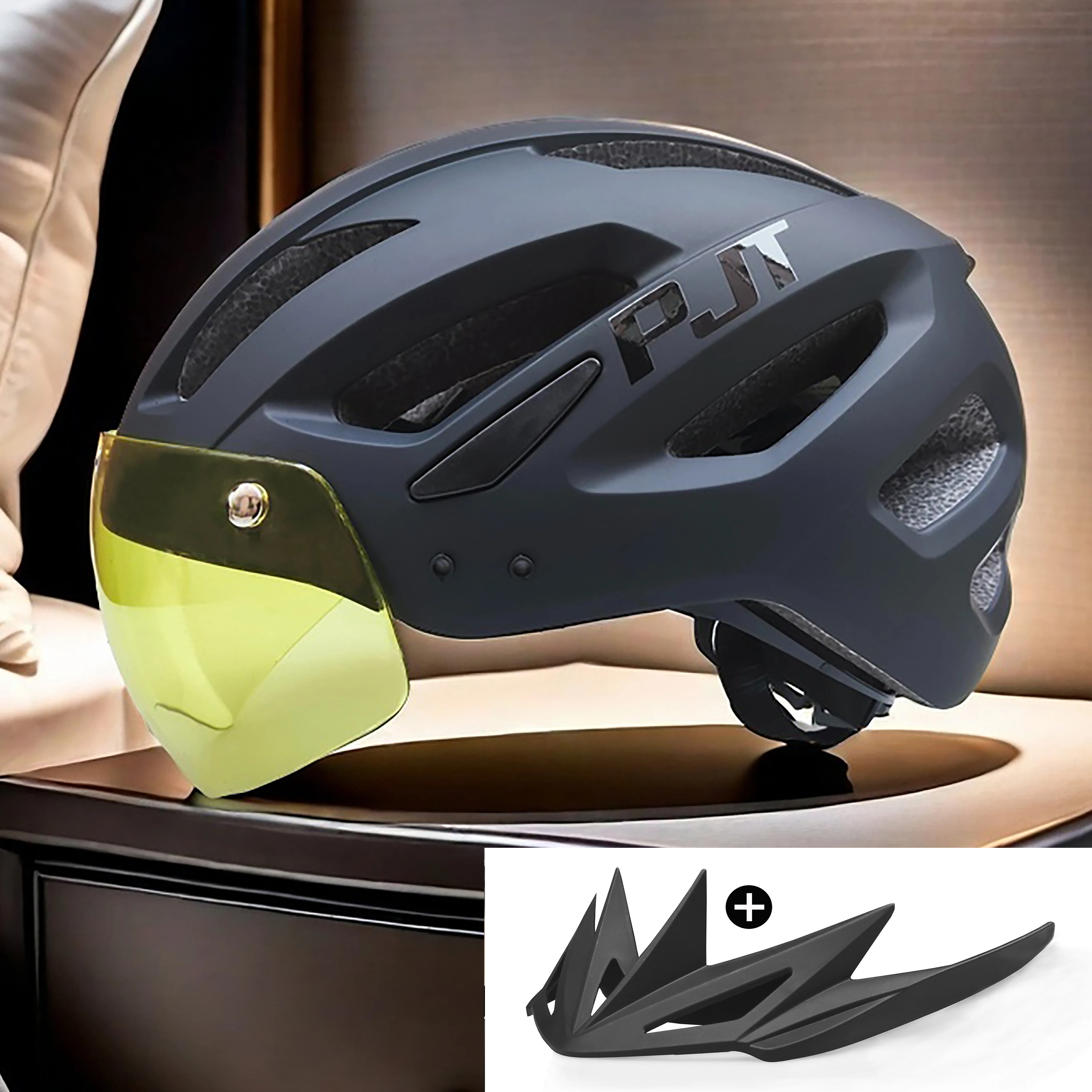 PJT Nieuwe LED Fietshelm Met Zonnebril Vizier Oplaadbare LED Heren Fietshelm Zonnebril Schild Road MTB Fietshelmen - afbeelding 1